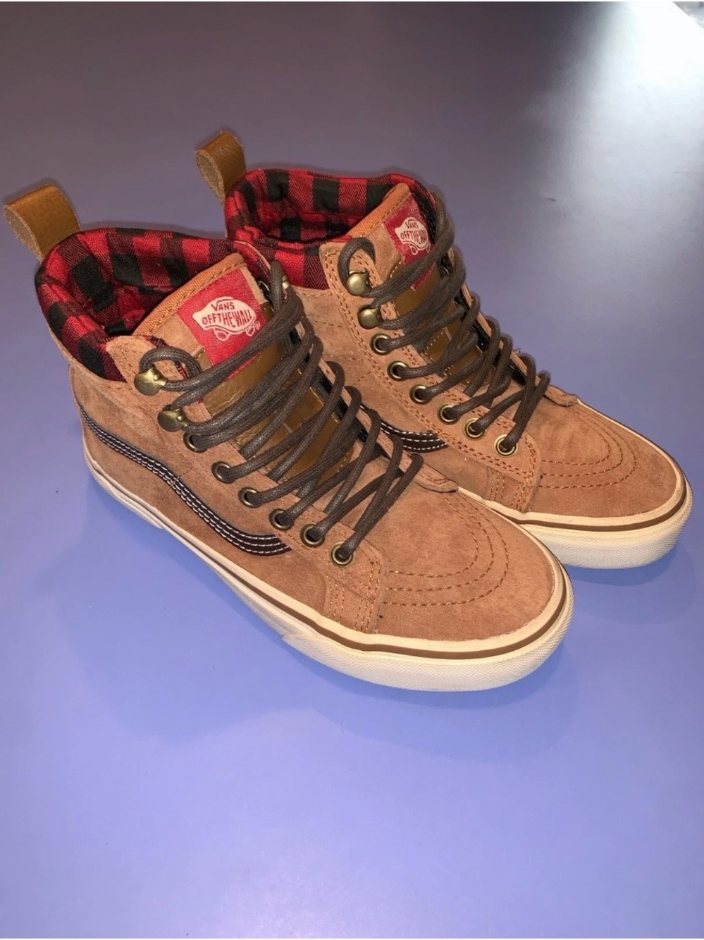 Vans Brown Suede High-Top Sneakers with Red Plaid Lining